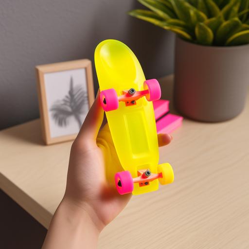 a mini neon yellow and pink skateboard for fingers --v 5.0