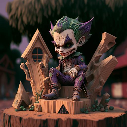 a miniature of The Joker made out of wood, kids toy, sitting on a wooden stump, playing card house in the background, high detailing, intricate, 3d, octance render, 4k, portrait, futuristic