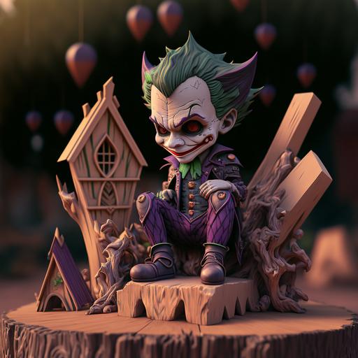 a miniature of The Joker made out of wood, kids toy, sitting on a wooden stump, playing card house in the background, high detailing, intricate, 3d, octance render, 4k, portrait, futuristic