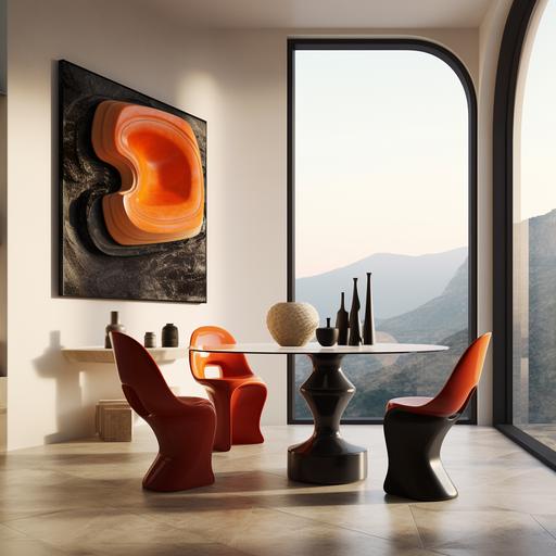 a minimal elegant eclectic dining room with black and ornage colors. Sculptural pieces and paintings. Large window with view to amman. Stone floor. iconic chairs.