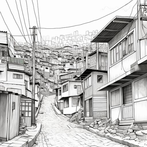 a minimalist drawing of the slums of Medellin, b&w, coloring book style