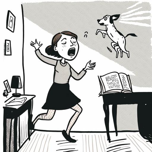 a minimalist newspaper cartoon style drawing of a girl rehearsing a speech in a cosy room with a jack russel dog excitedly jumping around her