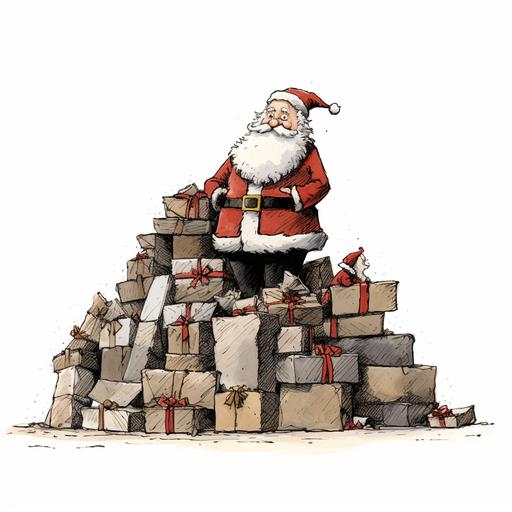 a minimalist pen and ink cartoon image of Santa Claus standing in front of a pile of christmas presents winking at onlookers no background