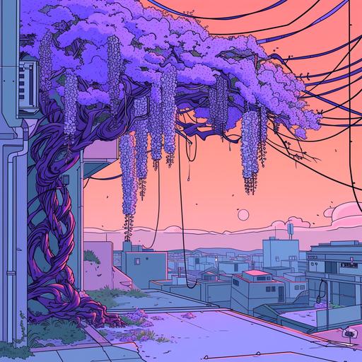 a minimalist wisteria in the style of a cartoon van gogh in a cyberpunk universe --v 6.0
