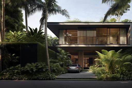a minimalistic contemporary west facing house with two levels surrounded by tropical garden