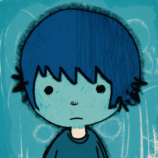 a minimally cartoon character, with blue strokes, short hair,