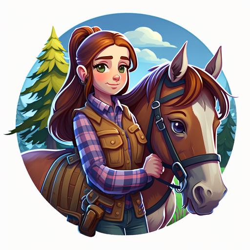 a mobile game icon design with teenage girl in flannel shirt riding a horse, cartoon game artstyle like gardenscapes
