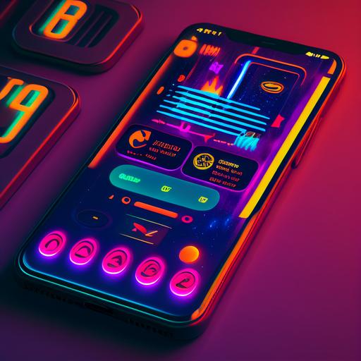 a mobile phone showing interactive overlays over the phone, including a button, an add to cart button, a live stream notification, basketball scores, a lock icon, a dollar sign, instagram icon, facebook icon. the aesthetic should be synthwave