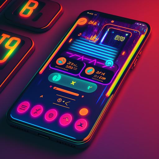 a mobile phone showing interactive overlays over the phone, including a button, an add to cart button, a live stream notification, basketball scores, a lock icon, a dollar sign, instagram icon, facebook icon. the aesthetic should be synthwave