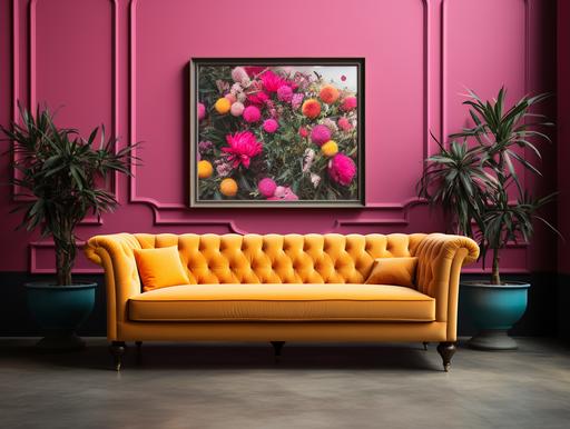 a mockup of an empty, blank poster, frame, in a living room with a Baroque architectural style with retro furniture, include a hot pink sofa, a yellow rug, coffee table with a vase and flowers, different angles, blank 24
