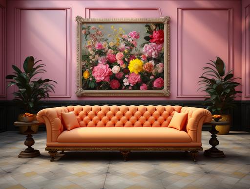 a mockup of an empty, blank poster, frame, in a living room with a Baroque architectural style with retro furniture, include a hot pink sofa, a yellow rug, coffee table with a vase and flowers, different angles, blank 24
