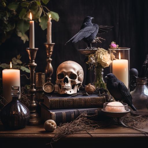 a mockup of an old wooden table, with witchy vibes, dark academia, can you make different variations can include a skull, raven, bones, candelabra, this will be for my was melt business