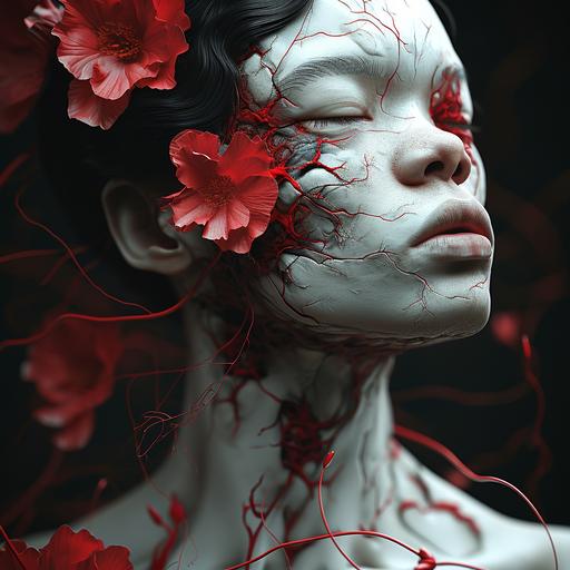 a model in the body of dead and flowers, in the style of realistic hyper-detailed rendering, dark white and light red, realistic portrait, esteban vicente, hyper-realistic sci-fi, kintsugi, aggressive digital illustration --v 6.0