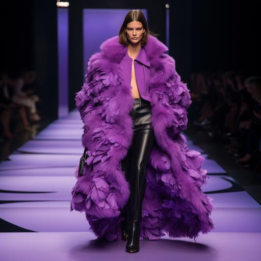 a model like bianca balti at a Prada fashion show as she walks in a giant purple coat that has purple fur lilies attached, the model also wears black heeled sandals that tie at the ankle like a flower stalk, full body model, 8k, captured by canon R8 400mm F5.4 HD result