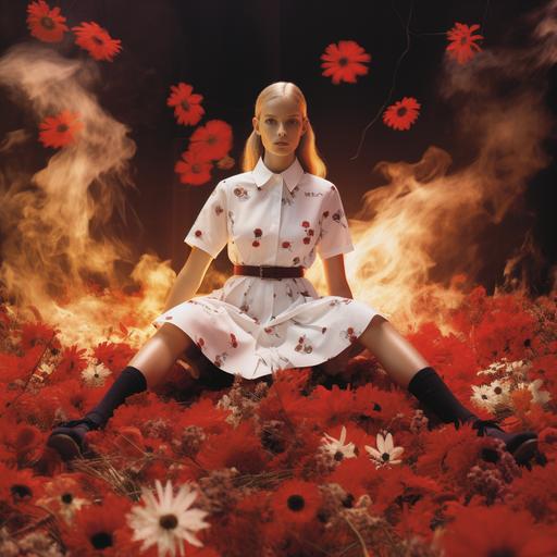 a model sitting on the floor in a white short-sleeved shirt as a short dress surrounded by a circle of fiery flowers, Prada's fashion campaign