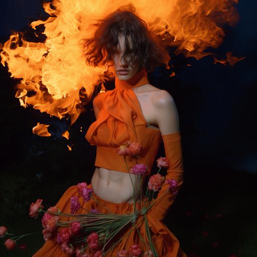a model wearing an orange dress by The Attico with a bouquet of fiery flowers in her hand