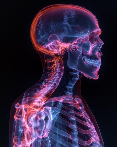 a model with a hot and cold body scan, in the style of violet and orange, grotesque imagery, 20 megapixels, x-ray film, high resolution, shot on 70mm, extruded design --ar 81:101 --s 750 --v 6.0
