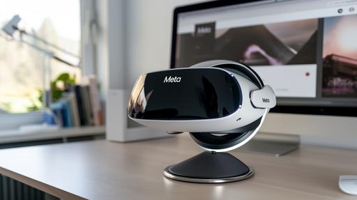 a modern VR headset with black, white, metal accents, dark grey rubber, sleek screen. Rests on a conical concave stand (dock stand with technology built in) 