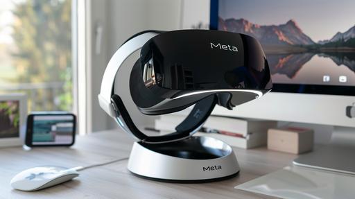 a modern VR headset with black, white, metal accents, dark grey rubber, sleek screen. Rests on a conical concave stand (dock stand with technology built in) 
