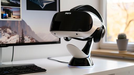 a modern VR headset with black, white, metal accents. Rests on a conical concave stand (dock stand with technology built in) 