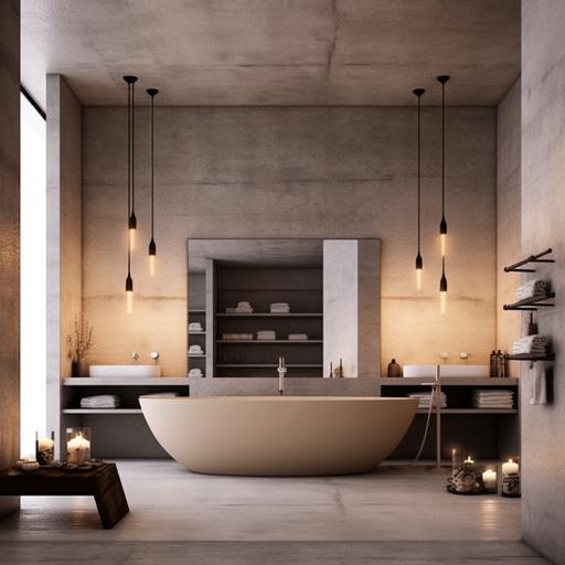 a modern and sofisticated bathroom with some candles. minimalistic. simple. neutral colors --v 5.1 --q 2 --s 750