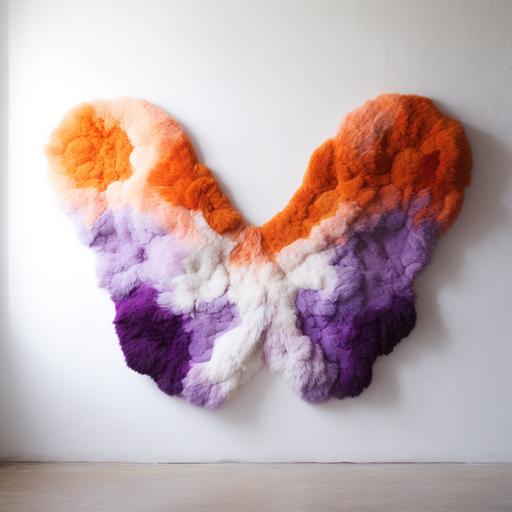 a modern art wall hanging in the shape of an abstract butterfly made of fluffy purple and orange wool, colorful, white room, concrete floor,
