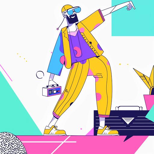 a modern, clean illustration cartoon of a man dancing with a boombox, solid colors, black stroke, white background --s 50 --sref  --v 6.0