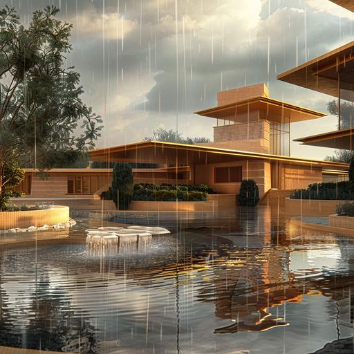 a modern day embassy in Scottsdale designed by Frank Lloyd Wright and Daniel Burnham, concept art, high detail, rain, mid day, angelic, realistic