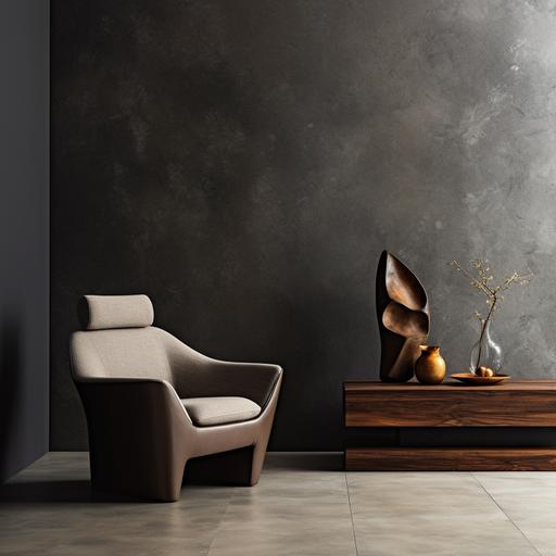 a modern interior design photograph with a plain background, a single seater sofa in the center with a side table beside it and a textured wall in the background and a focus light on the side table. a small modern sculpture on that table.