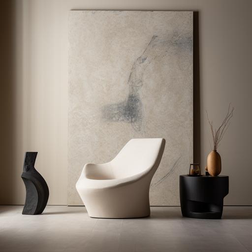 a modern interior design photograph with a plain background, a single seater sofa in the center with a side table beside it and a textured wall in the background and a focus light on the side table. a small modern sculpture on that table.