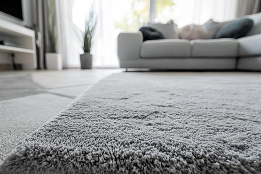 a modern light grey carpet photo shot, focused on the carpet, using living room as background, this photo features a shallow depth of field, shot using a Nikon camera, the overall soft and bright, 16k HD photography, --ar 3:2 --v 6.0