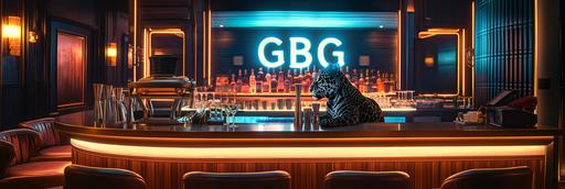 a modern luxury cocktail bar, behind the counter there is a barkeeper and a black jaguar animal mixing drinks, in the background there is a big neon sign with the letters 