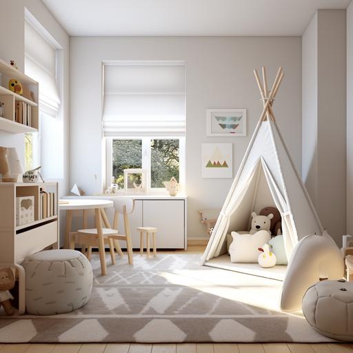 a modern minimal aesthetic playroom with highly organized toys, throw blankets, a girls tee-pee play tent. Neutral colors, well lit sunbathed room. The room was organized by Marie Kondo and matches her aesthetic.