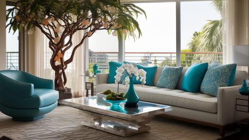 a modern shaker-style living room has a money tree by the window. West Palm Beach house, tropical zen atmosphere with turquoise and blue accents, --ar 16:9