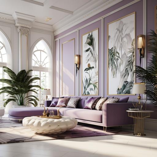 a modern tropical indochine architecture style living room in purple color, the sofa in offwhite color, with some silver and gold accent detail, dressing with luxury interior, realistic