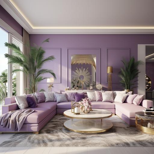 a modern tropical indochine architecture style living room which is wall in purple color, the sofa in offwhite color, with some silver and gold accent detail, dressing with luxury interior, realistic