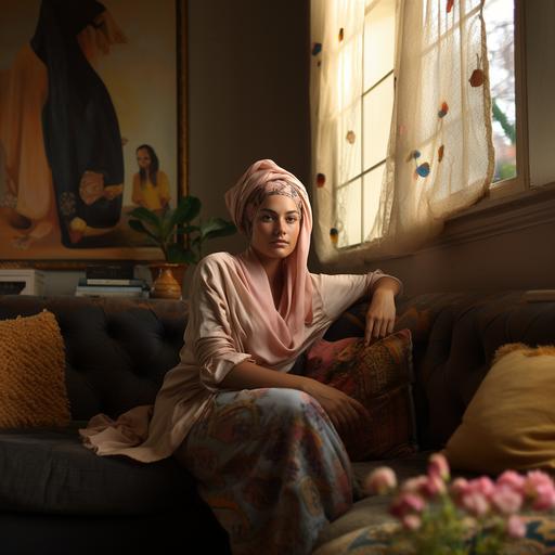 a modern woman wearing a head scarf sitting comfortably on a living room couch