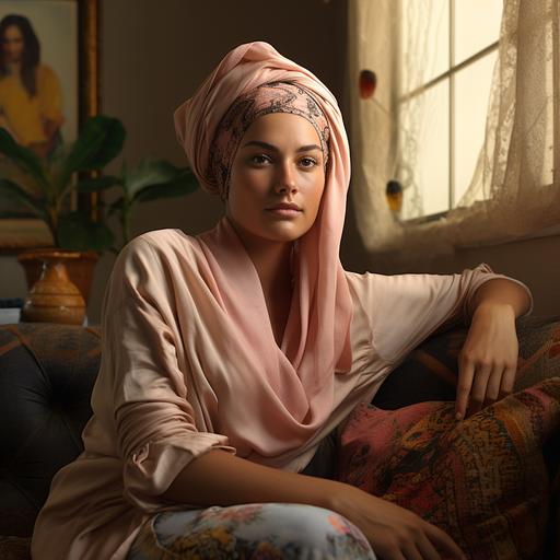 a modern woman wearing a head scarf sitting comfortably on a living room couch