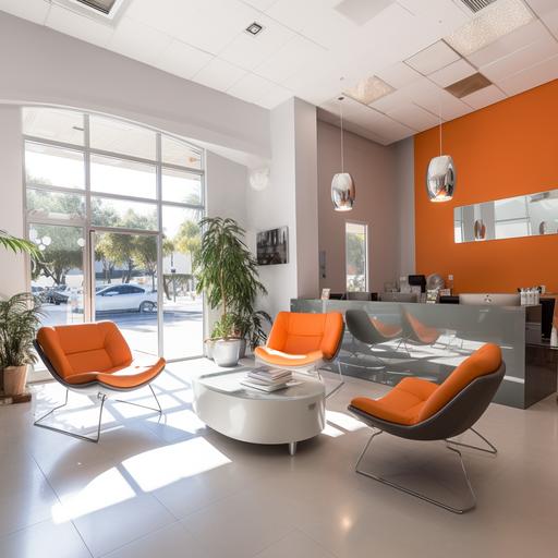 a modest sports massage clinic waiting area, reception desk, orange chairs, light gray colored walls, with a BRM wall sign, bright lighting