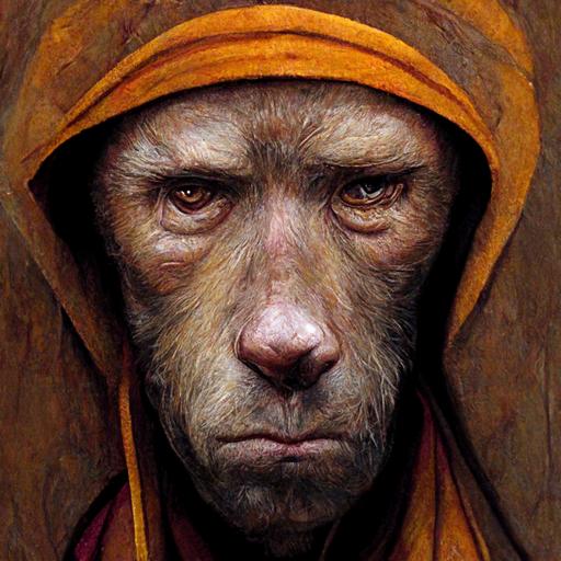 a monk with a baboon's face in brown hooded robes, realistic