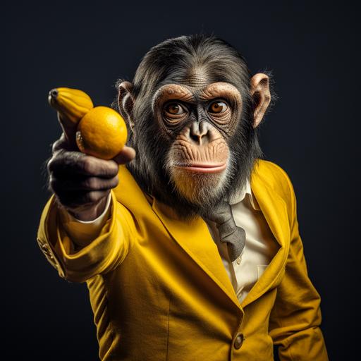 a monkey pointing with a banana instead of pistol into the camera
