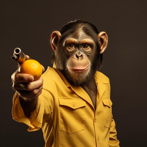 a monkey pointing with a banana instead of pistol into the camera