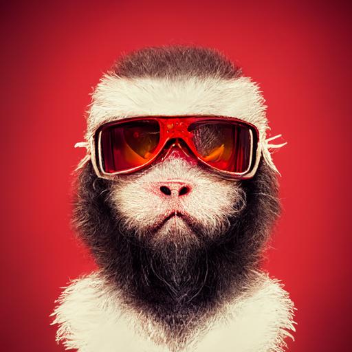 a monkey with sunglass,beard,icecab,red background