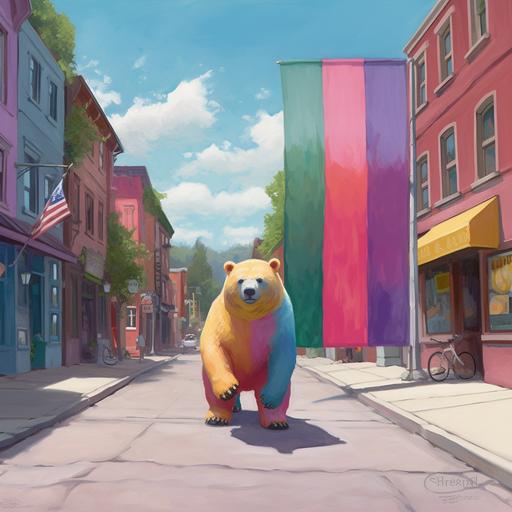 a monochromatic painting of a bear wearing a pride flag walking through a street, ar 246:16