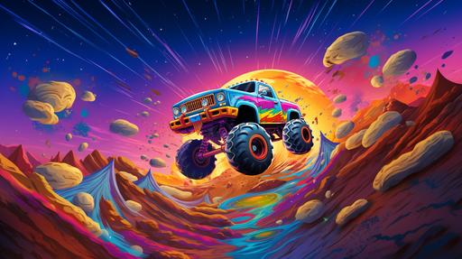 a monster truck jumping over a moon cartoon style with vibrant colors and rainbows --ar 16:9
