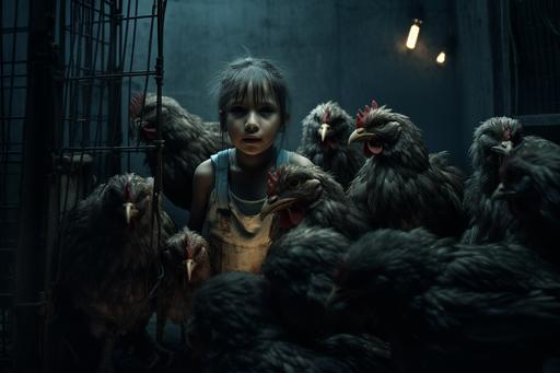 a monstrous metaphorical chicken holding human children in cages. Photorealistic, horror style, evening, low light --ar 3:2 --s 250 --c 2