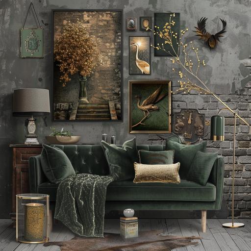 a mood board for a living room with a dark gray brick wall, a dark green velvet sofa, a slight touch of gold decor and a cabinet of curiosities style