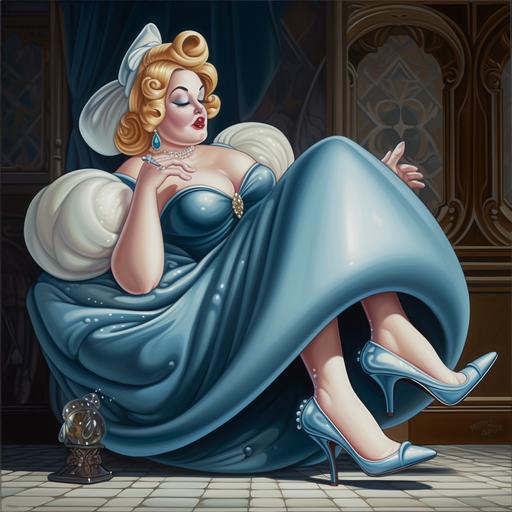 a morbidly obese Cinderella trying a glass slipper heel shoe on her foot, disney style, highly detailed , beautiful , scott rohlfs, maximalist --q 2 --v 5