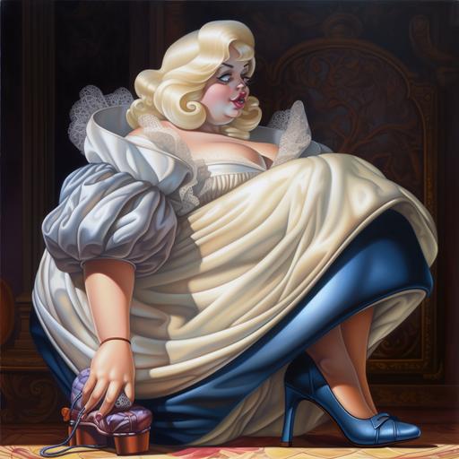 a morbidly obese Cinderella trying a glass slipper heel shoe on her foot, disney style, highly detailed , beautiful , scott rohlfs, maximalist --q 2 --v 5