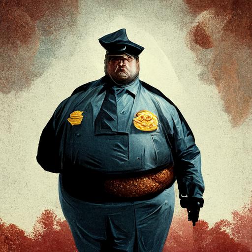 a morbidly scary obese fat man dressed like a cop holding donuts